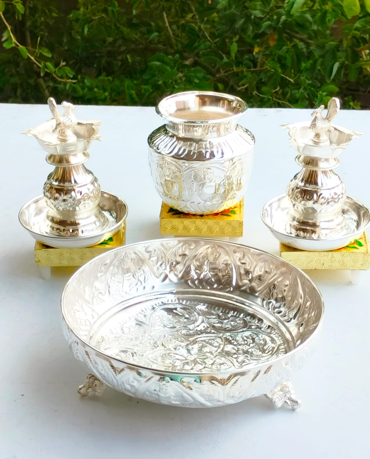 German Silver Ashta Laxmi Plate Combo for Housewarming Pooja thali Set